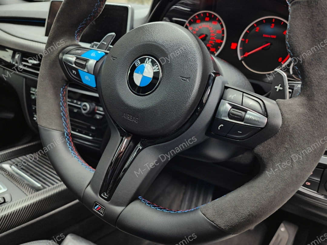 BMW F-SERIES NAPPA LEATHER TRI-STITCH / ALCANTARA / BLUE RING STEERING WHEEL - BMW 1 2 3 4 5 X SERIES