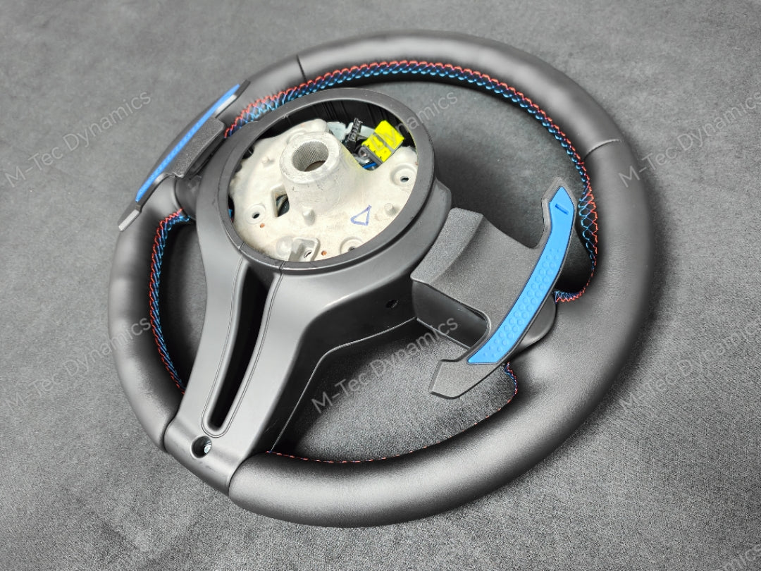 BMW F-SERIES NAPPA LEATHER TRI-STITCH / CUSTOM / BLUE M4 FASCIA STEERING WHEEL - BMW 1 2 3 4 5 X SERIES