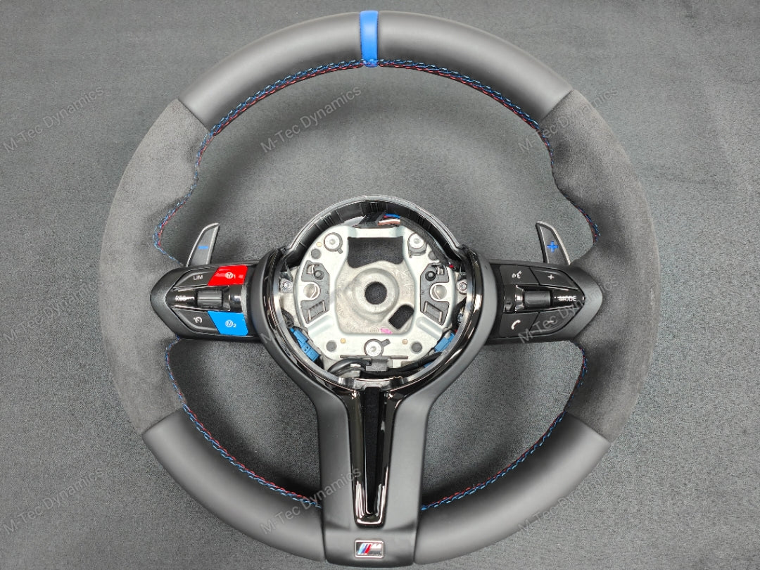 BMW F-SERIES NAPPA LEATHER TRI-STITCH / ALCANTARA / BLUE RING STEERING WHEEL - BMW 1 2 3 4 5 X SERIES (CUSTOM)
