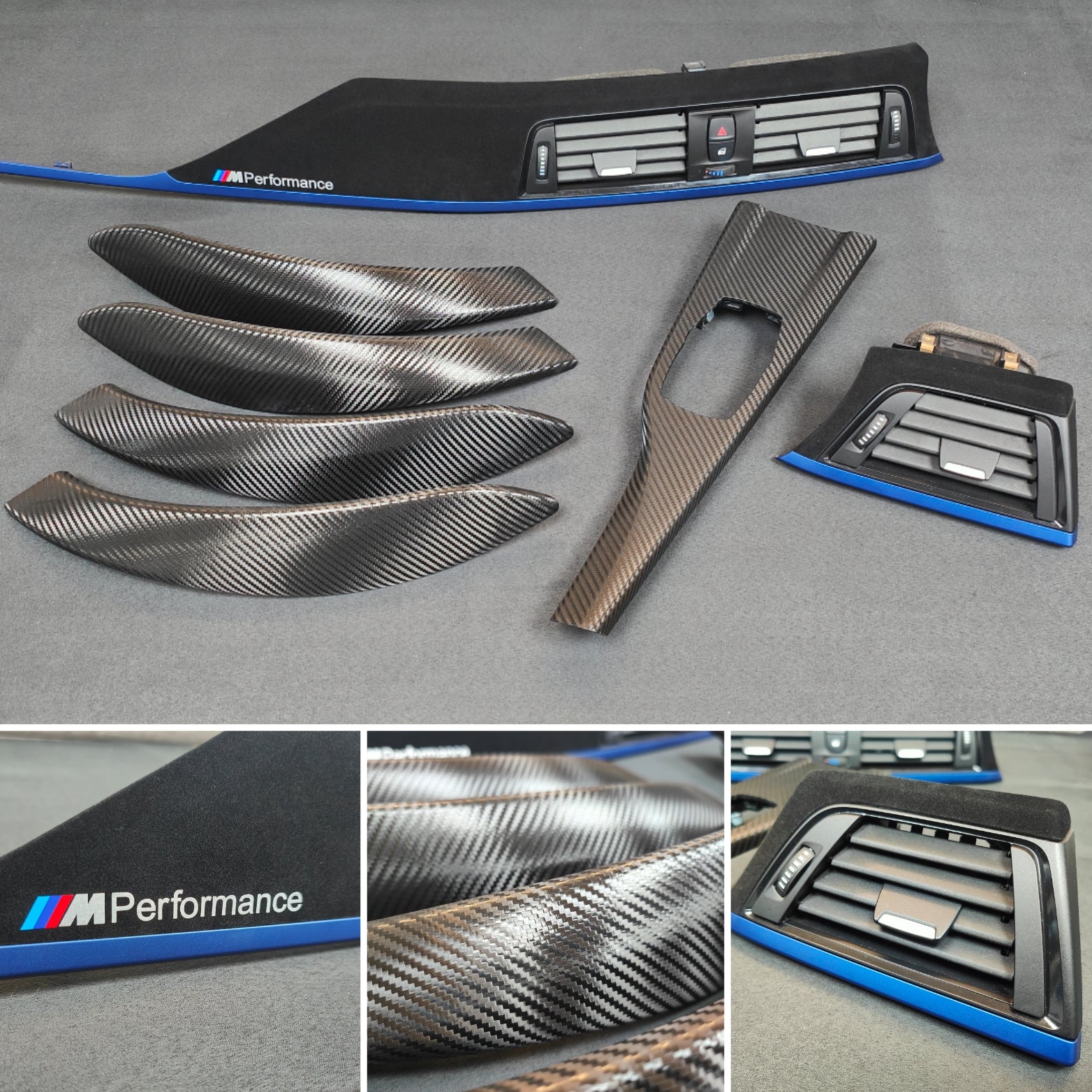 BMW F30 F31 F36 F80 M3 CUSTOM INTERIOR TRIM SET - TEXTURED CARBON / ALCANTARA STYLE / BLUE ACCENT