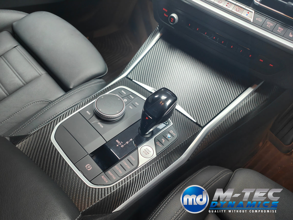 WRAPPING SERVICE - BMW G20 G21 G22 / G26 GC INTERIOR TRIM SET INC. STEERING WHEEL TRIM - DEEP TEXTURED GLOSSY BLACK CARBON (MTD-TEX)
