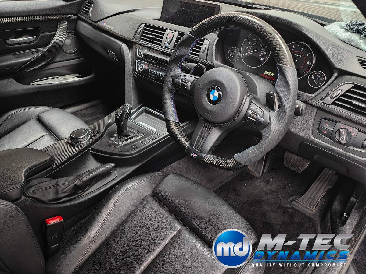 WRAPPING SERVICE - BMW F36 GRAN COUPE INTERIOR TRIM SET & DOOR ACCENTS - PERFORMANCE STYLE / DEEP TEXTURED GLOSSY CARBON (MTD-TEX)