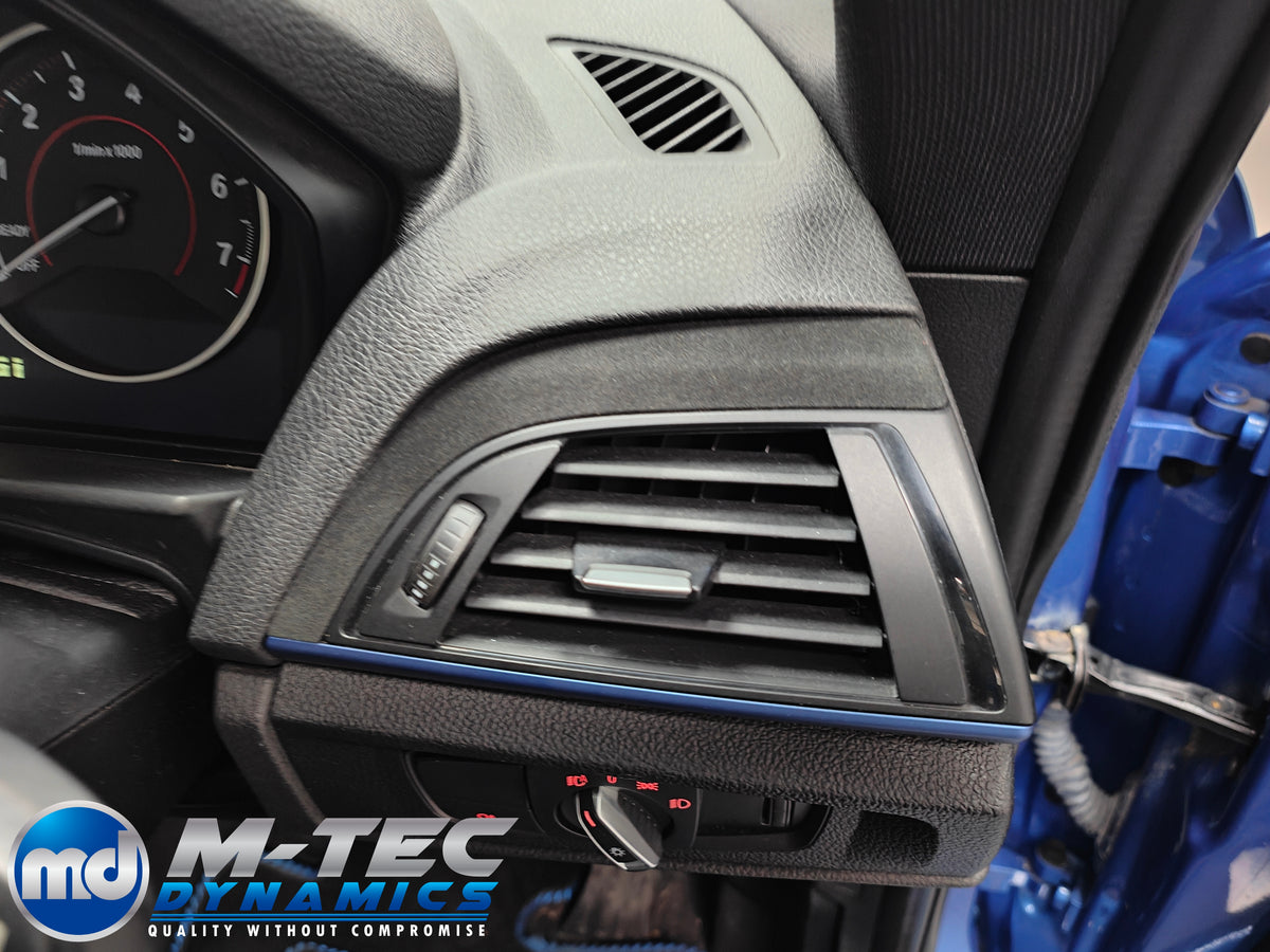 WRAPPING SERVICE - BMW F20 F21 F22 F23 CUSTOM INTERIOR TRIM SET - TEXTURED CARBON / ALCANTARA / BLUE ACCENT