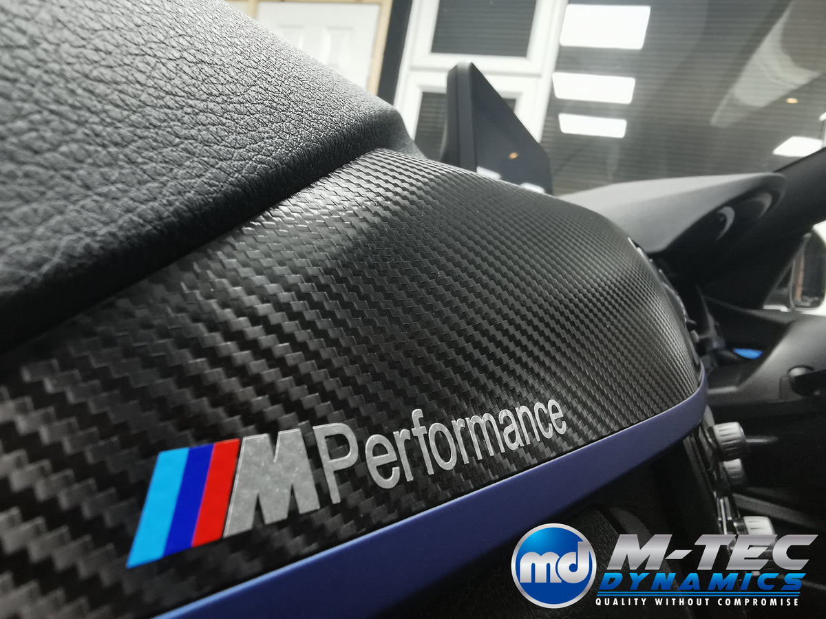 WRAPPING SERVICE - BMW F3X INTERIOR TRIM SET - TEXTURED CARBON / BLUE ACCENT - (F30 F31 F32 F33 F36)