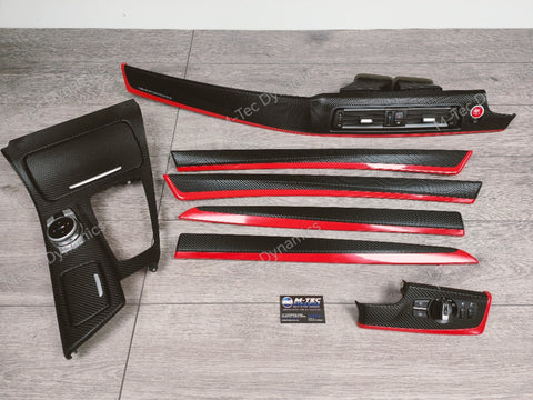 BMW F10 F11 AUTO INTERIOR TRIM SET - DEEP TEXTURED GLOSSY BLACK CARBON / GLOSS RED ACCENT (MTD-TEX)