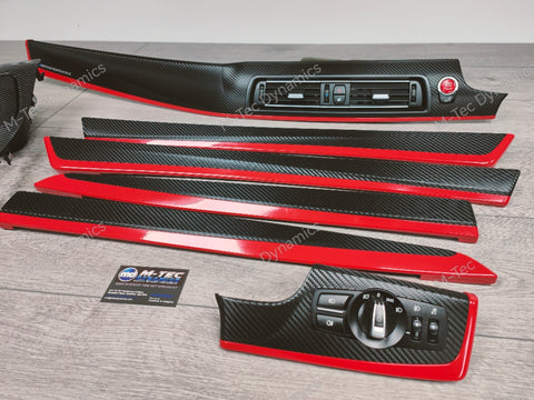 BMW F10 F11 AUTO INTERIOR TRIM SET - DEEP TEXTURED GLOSSY BLACK CARBON / GLOSS RED ACCENT (MTD-TEX)