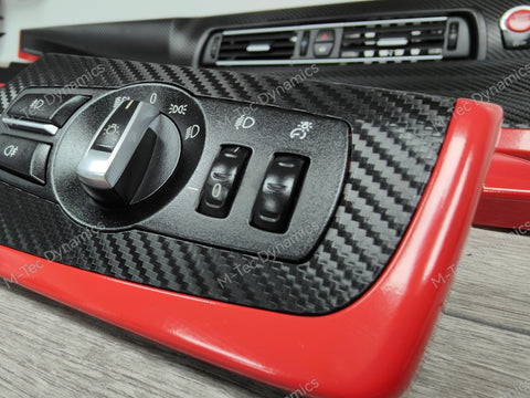 BMW F10 F11 AUTO INTERIOR TRIM SET - DEEP TEXTURED GLOSSY BLACK CARBON / GLOSS RED ACCENT (MTD-TEX)