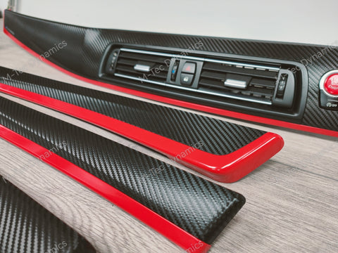 BMW F10 F11 AUTO INTERIOR TRIM SET - DEEP TEXTURED GLOSSY BLACK CARBON / GLOSS RED ACCENT (MTD-TEX)