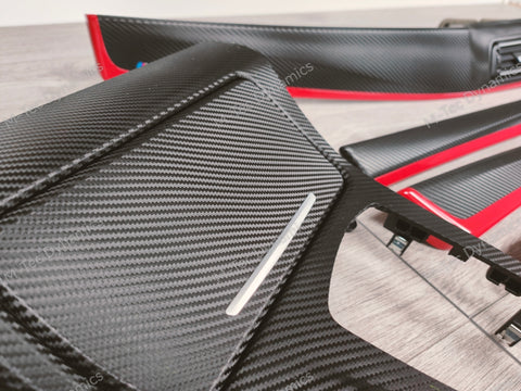 BMW F10 F11 AUTO INTERIOR TRIM SET - DEEP TEXTURED GLOSSY BLACK CARBON / GLOSS RED ACCENT (MTD-TEX)