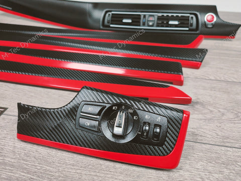 BMW F10 F11 AUTO INTERIOR TRIM SET - DEEP TEXTURED GLOSSY BLACK CARBON / GLOSS RED ACCENT (MTD-TEX)