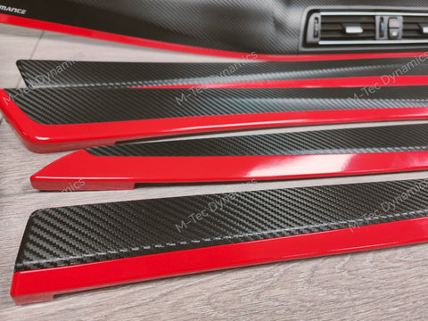 BMW F10 F11 AUTO INTERIOR TRIM SET - DEEP TEXTURED GLOSSY BLACK CARBON / GLOSS RED ACCENT (MTD-TEX)