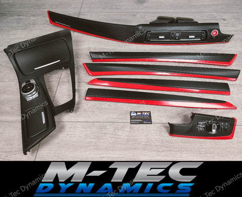 BMW F10 F11 AUTO INTERIOR TRIM SET - DEEP TEXTURED GLOSSY BLACK CARBON / GLOSS RED ACCENT (MTD-TEX)