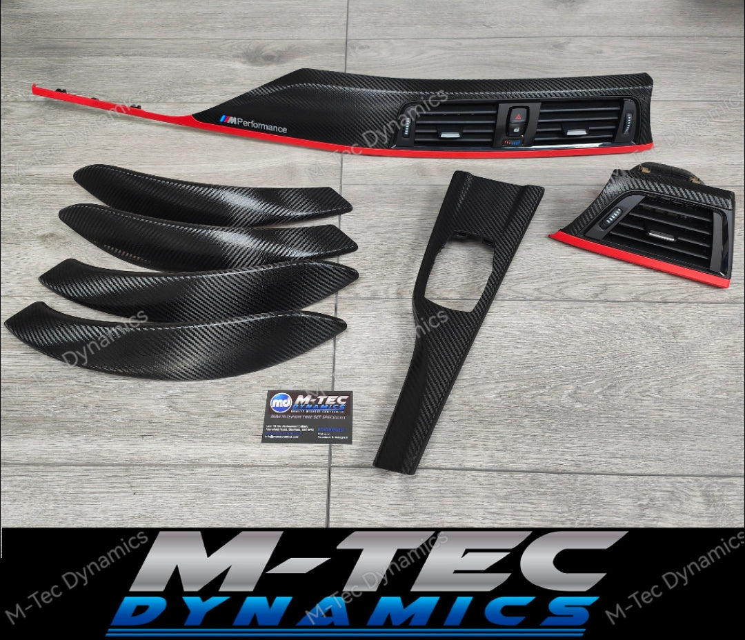 BMW F30 F31 F36 INTERIOR TRIM SET - TEXTURED GLOSSY CARBON / RED ACCENT (CUSTOM)