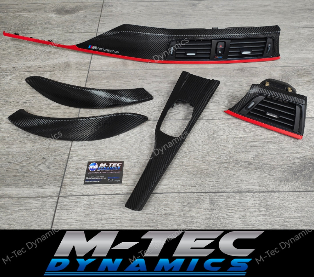 BMW F32 INTERIOR TRIM SET - TEXTURED GLOSSY CARBON / RED ACCENT (CUSTOM)