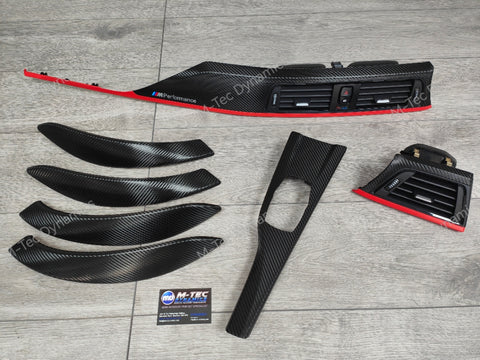 BMW F30 F31 F36 INTERIOR TRIM SET - TEXTURED GLOSSY CARBON / RED ACCENT (CUSTOM)