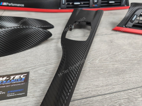 BMW F30 F31 F36 INTERIOR TRIM SET - TEXTURED GLOSSY CARBON / RED ACCENT (CUSTOM)