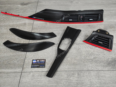 BMW F32 INTERIOR TRIM SET - TEXTURED GLOSSY CARBON / RED ACCENT (CUSTOM)