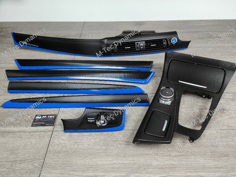 BMW F10 F11 AUTO INTERIOR TRIM SET - DEEP TEXTURED GLOSSY BLACK CARBON / BLUE ACCENT (MTD-TEX)