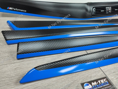 BMW F10 F11 AUTO INTERIOR TRIM SET - DEEP TEXTURED GLOSSY BLACK CARBON / BLUE ACCENT (MTD-TEX)