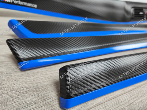 BMW F10 F11 AUTO INTERIOR TRIM SET - DEEP TEXTURED GLOSSY BLACK CARBON / BLUE ACCENT (MTD-TEX)