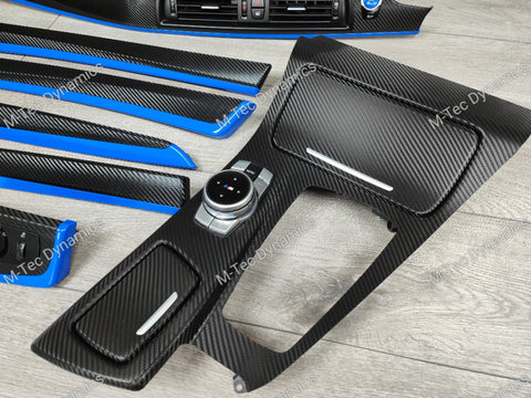 BMW F10 F11 AUTO INTERIOR TRIM SET - DEEP TEXTURED GLOSSY BLACK CARBON / BLUE ACCENT (MTD-TEX)