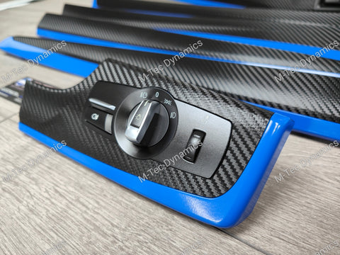 BMW F10 F11 AUTO INTERIOR TRIM SET - DEEP TEXTURED GLOSSY BLACK CARBON / BLUE ACCENT (MTD-TEX)