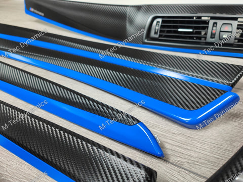 BMW F10 F11 AUTO INTERIOR TRIM SET - DEEP TEXTURED GLOSSY BLACK CARBON / BLUE ACCENT (MTD-TEX)