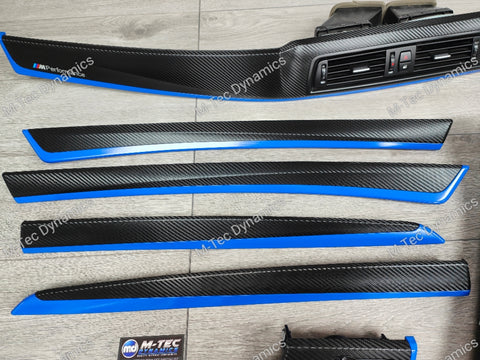 BMW F10 F11 AUTO INTERIOR TRIM SET - DEEP TEXTURED GLOSSY BLACK CARBON / BLUE ACCENT (MTD-TEX)