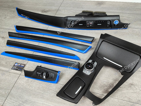 BMW F10 F11 AUTO INTERIOR TRIM SET - DEEP TEXTURED GLOSSY BLACK CARBON / BLUE ACCENT (MTD-TEX)