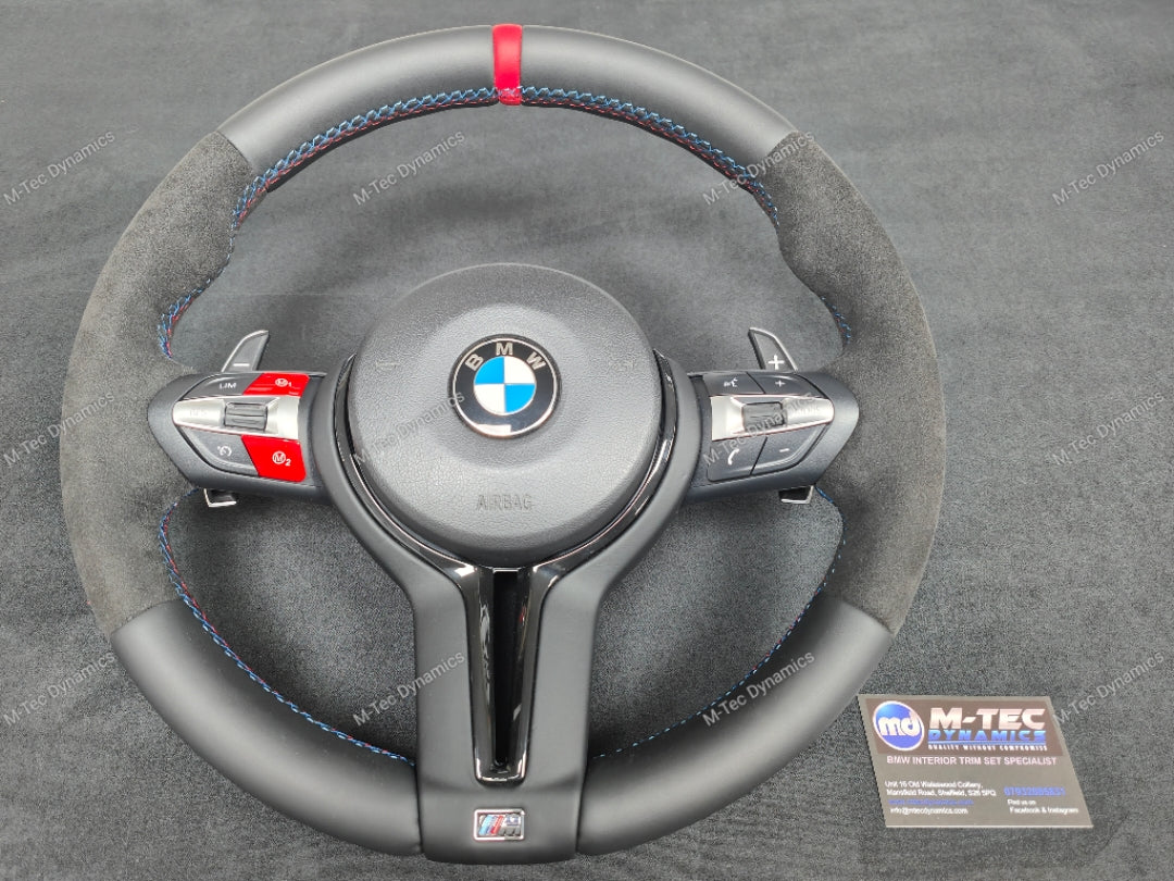 BMW F-SERIES NAPPA LEATHER TRI-STITCH / ALCANTARA / RED RING STEERING WHEEL (COMPLETE) - BMW 5 6 SERIES F10 F11 M5 F06 F12 F13 M6