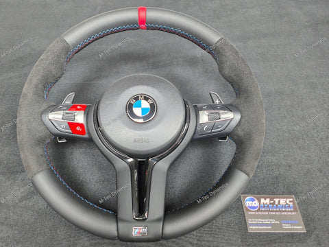 BMW F-SERIES NAPPA LEATHER TRI-STITCH / ALCANTARA / RED RING STEERING WHEEL (COMPLETE) - BMW 5 6 SERIES F10 F11 M5 F06 F12 F13 M6