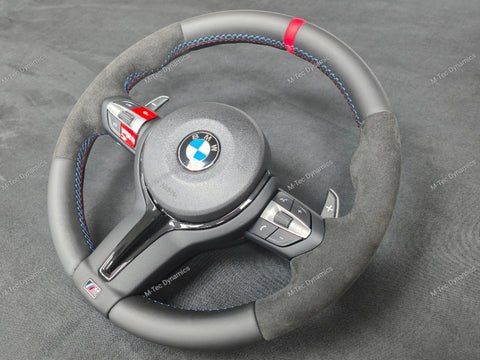 BMW F-SERIES NAPPA LEATHER TRI-STITCH / ALCANTARA / RED RING STEERING WHEEL (COMPLETE) - BMW 5 6 SERIES F10 F11 M5 F06 F12 F13 M6