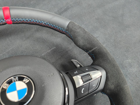 BMW F-SERIES NAPPA LEATHER TRI-STITCH / ALCANTARA / RED RING STEERING WHEEL (COMPLETE) - BMW 5 6 SERIES F10 F11 M5 F06 F12 F13 M6