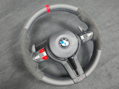 BMW F-SERIES NAPPA LEATHER TRI-STITCH / ALCANTARA / RED RING STEERING WHEEL (COMPLETE) - BMW 5 6 SERIES F10 F11 M5 F06 F12 F13 M6