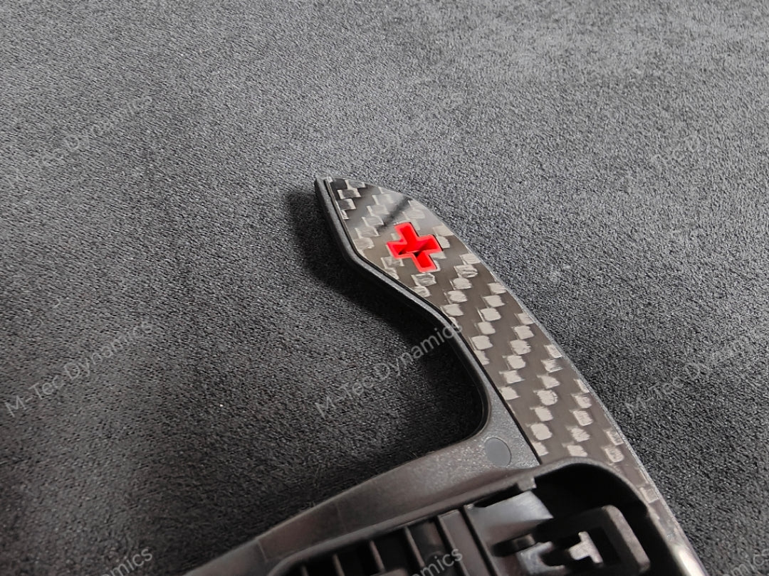 BMW F/G-SERIES BMW CARBON FIBRE STYLE RED STEERING WHEEL PADDLE SHIFTERS - (F80 M3 F82 F83 M4 M2 F30 G20 G80)