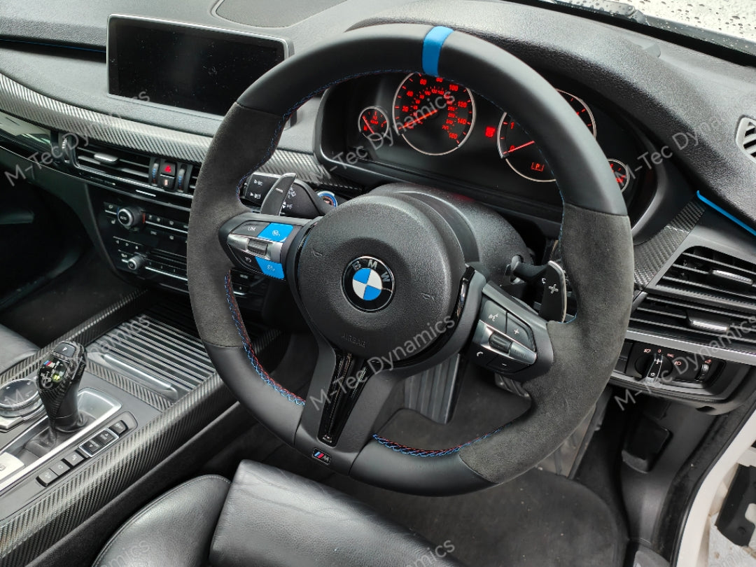 BMW F-SERIES NAPPA LEATHER TRI-STITCH / ALCANTARA / BLUE RING STEERING WHEEL - BMW 1 2 3 4 5 X SERIES