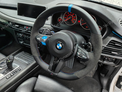 BMW F-SERIES NAPPA LEATHER TRI-STITCH / ALCANTARA / BLUE RING STEERING WHEEL - BMW 1 2 3 4 5 X SERIES