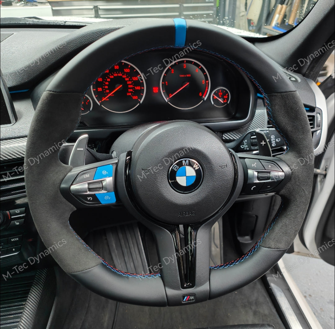 BMW F-SERIES NAPPA LEATHER TRI-STITCH / ALCANTARA / BLUE RING STEERING WHEEL - BMW 1 2 3 4 5 X SERIES