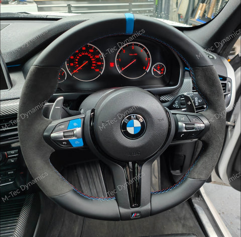 BMW F-SERIES NAPPA LEATHER TRI-STITCH / ALCANTARA / BLUE RING STEERING WHEEL - BMW 1 2 3 4 5 X SERIES