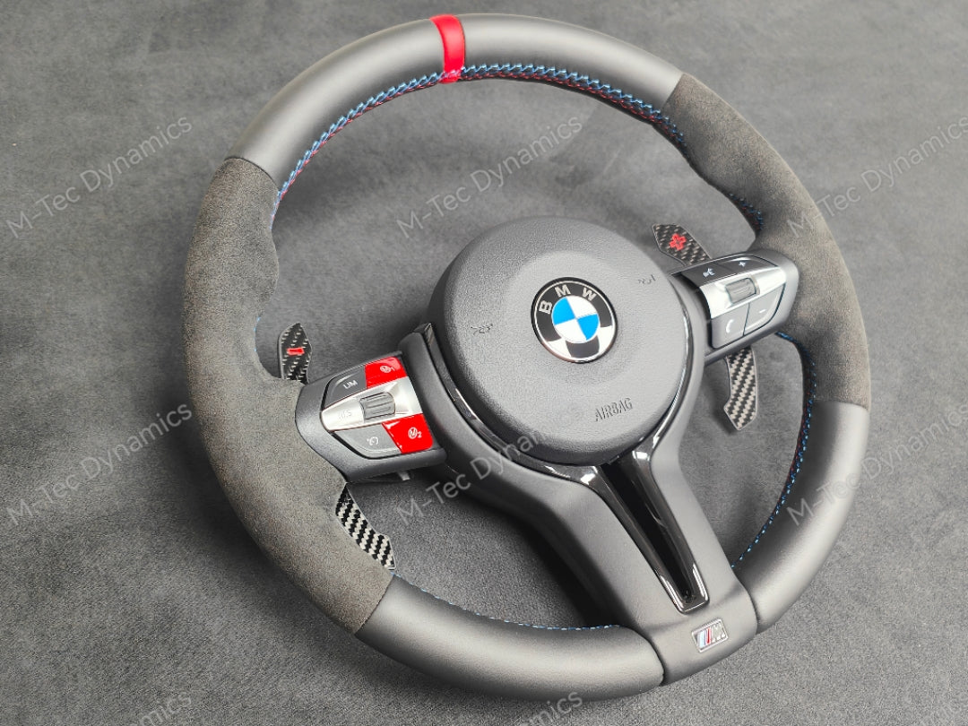 BMW F-SERIES NAPPA LEATHER TRI-STITCH / ALCANTARA / RED RING STEERING WHEEL - BMW 1 2 3 4 5 X SERIES