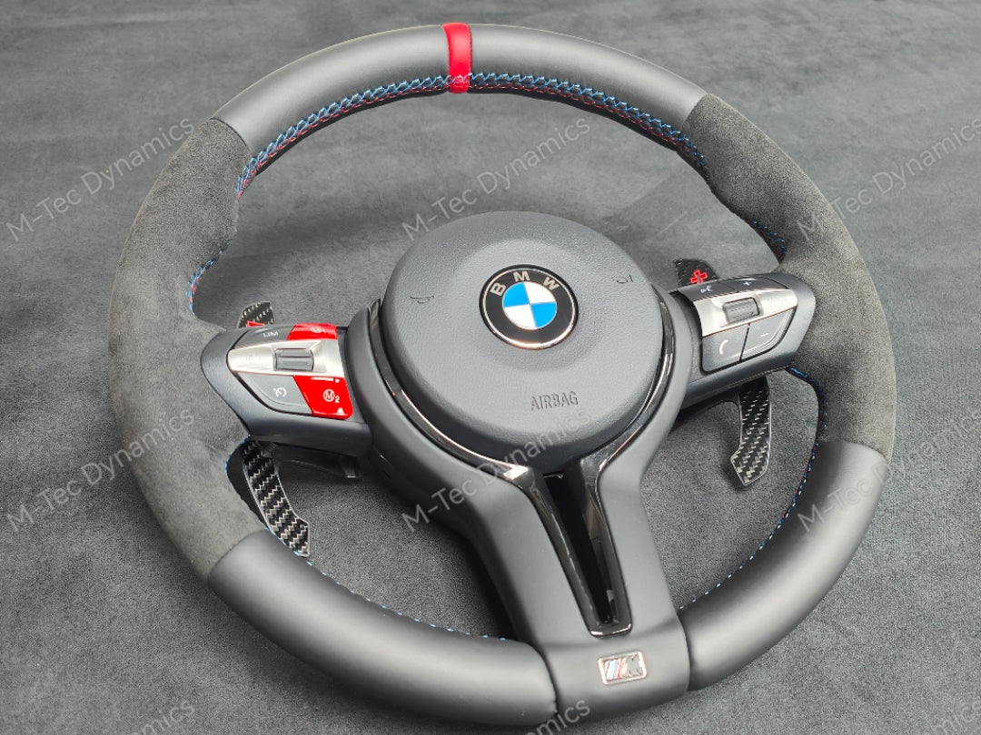 BMW F-SERIES NAPPA LEATHER TRI-STITCH / ALCANTARA / RED RING STEERING WHEEL - BMW 1 2 3 4 5 X SERIES