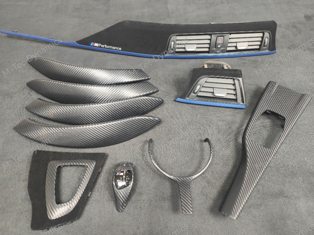 WRAPPING SERVICE - BMW F3X INTERIOR TRIM SET - 3D CARBON / ALCANTARA / BLUE ACCENT - (F30 F31 F32 F33 F36)