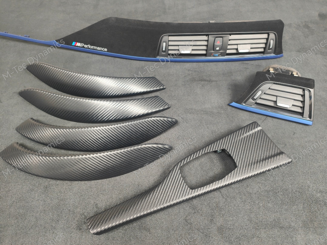 BMW F30 F31 F36 INTERIOR TRIM SET - 3D CARBON / ALCANTARA STYLE  / BLUE ACCENT