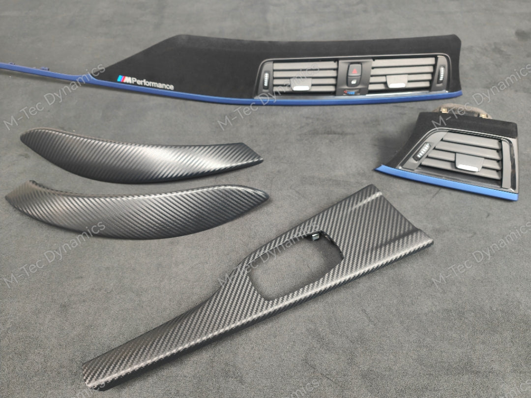 BMW F32 COUPE INTERIOR TRIM SET - 3D CARBON / ALCANTARA STYLE  / BLUE ACCENT