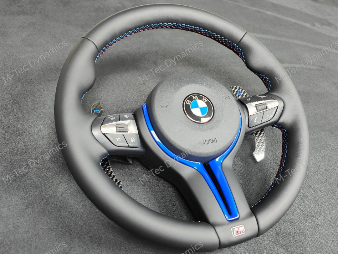BMW F-SERIES NAPPA LEATHER TRI-STITCH / CUSTOM / BLUE M4 FASCIA STEERING WHEEL - BMW 1 2 3 4 5 X SERIES