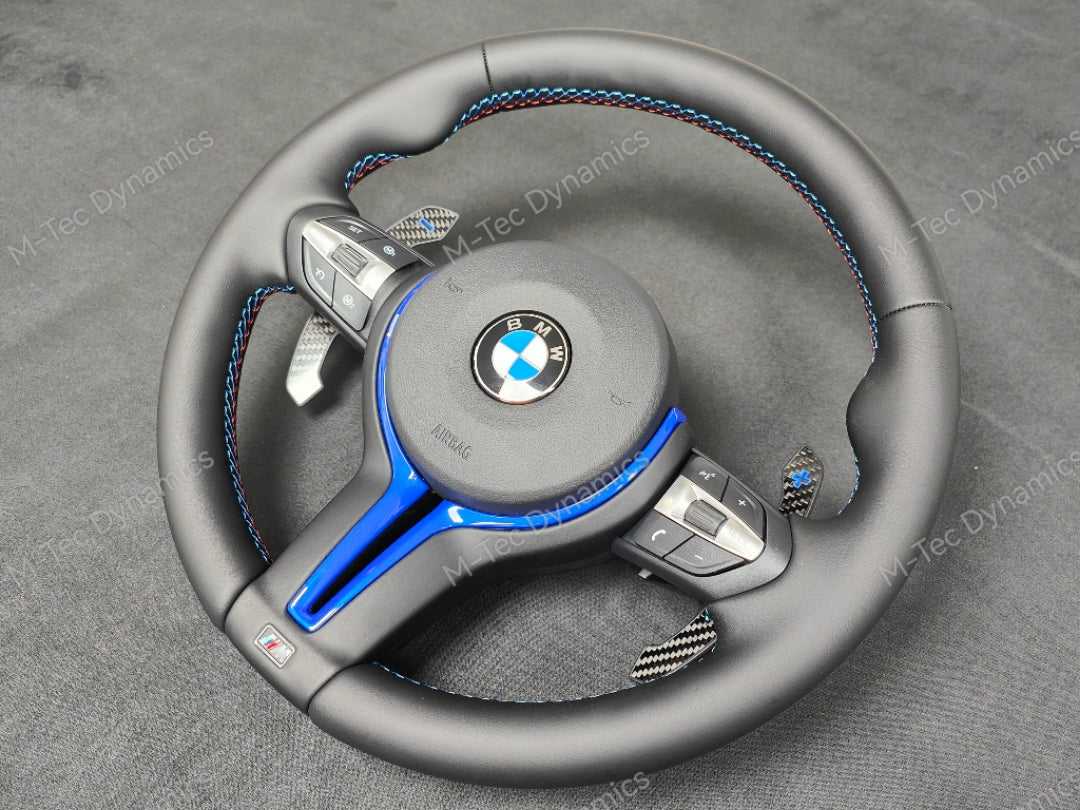BMW F-SERIES NAPPA LEATHER TRI-STITCH / CUSTOM / BLUE M4 FASCIA STEERING WHEEL - BMW 1 2 3 4 5 X SERIES