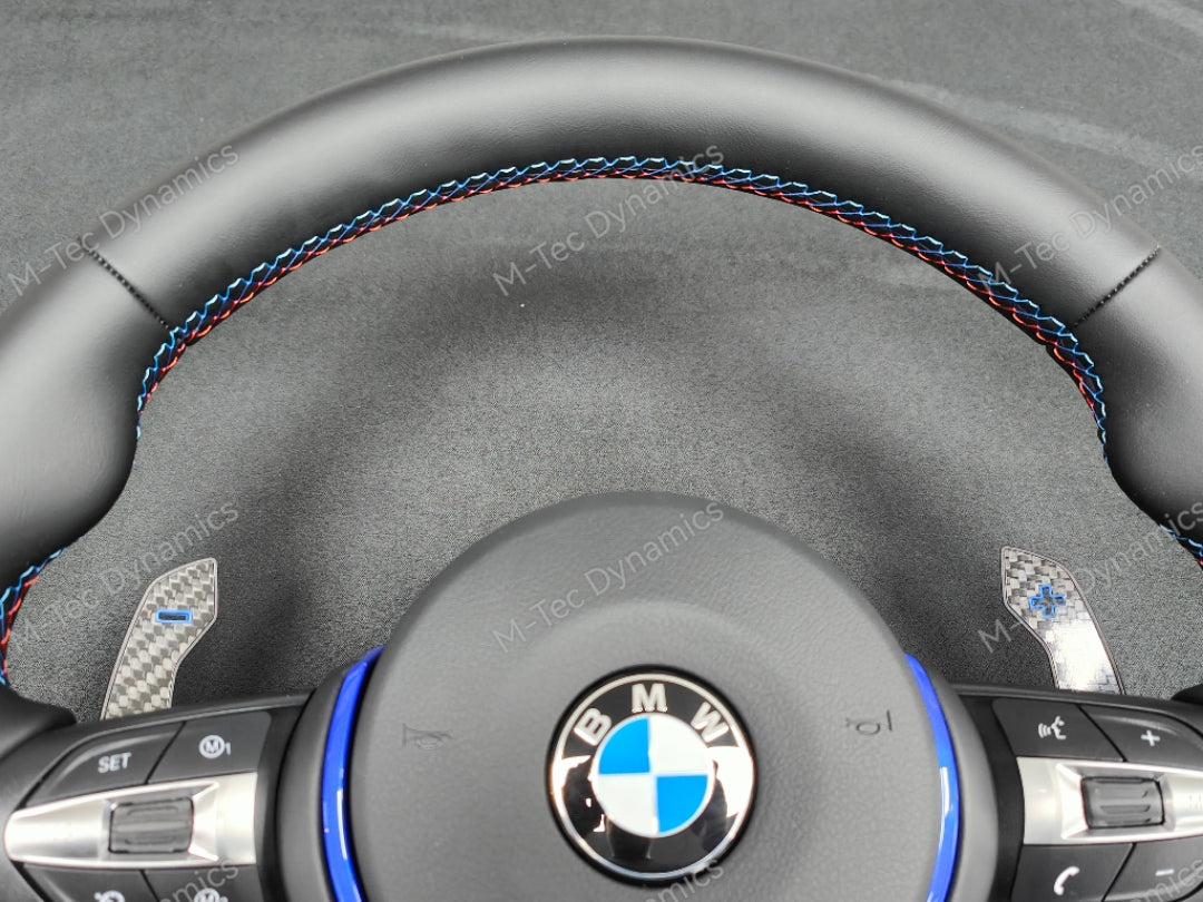 BMW F-SERIES NAPPA LEATHER TRI-STITCH / CUSTOM / BLUE M4 FASCIA STEERING WHEEL - BMW 1 2 3 4 5 X SERIES