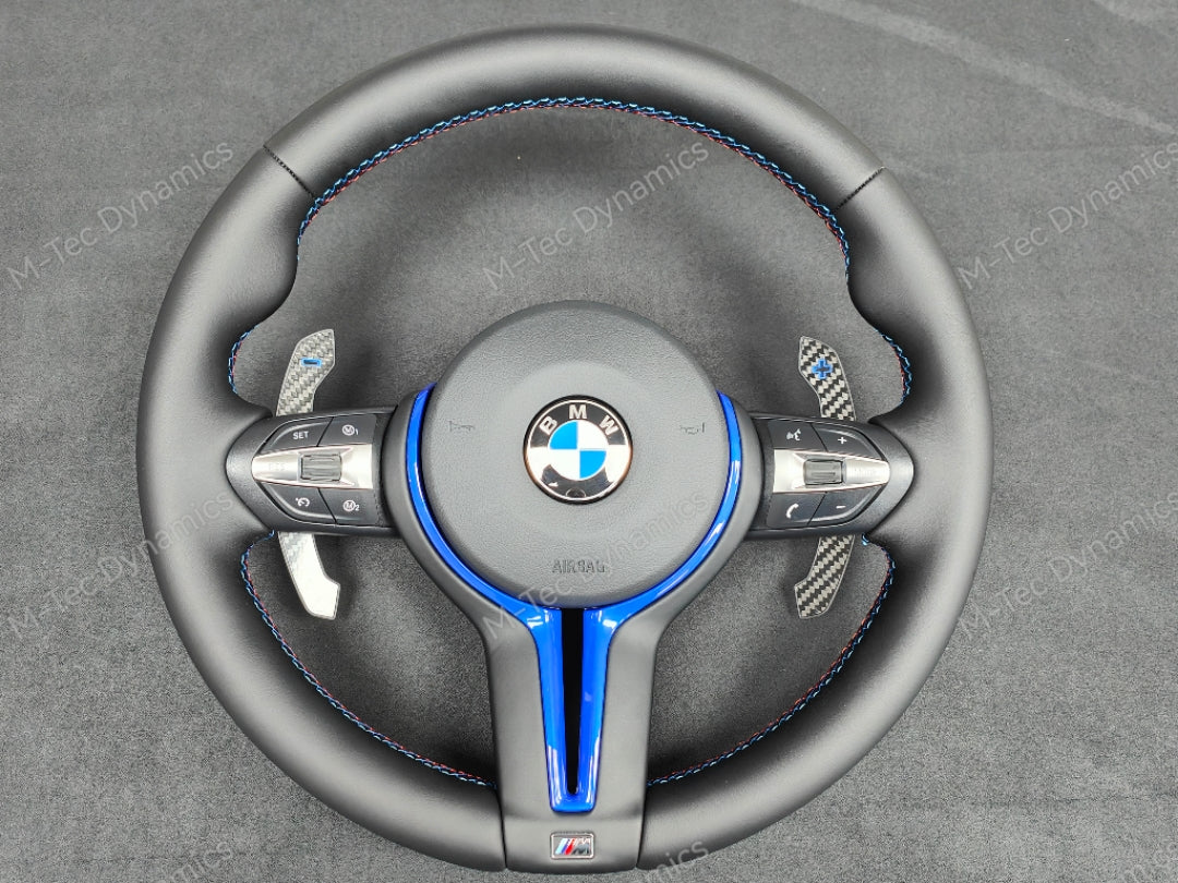 BMW F-SERIES NAPPA LEATHER TRI-STITCH / CUSTOM / BLUE M4 FASCIA STEERING WHEEL - BMW 1 2 3 4 5 X SERIES