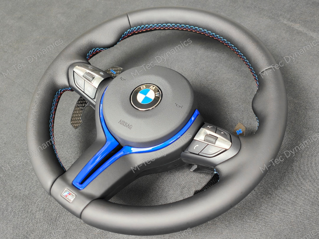 BMW F-SERIES NAPPA LEATHER TRI-STITCH / CUSTOM / BLUE M4 FASCIA STEERING WHEEL - BMW 1 2 3 4 5 X SERIES