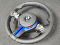 BMW F-SERIES NAPPA LEATHER TRI-STITCH / CUSTOM / BLUE M4 FASCIA STEERING WHEEL - BMW 1 2 3 4 5 X SERIES
